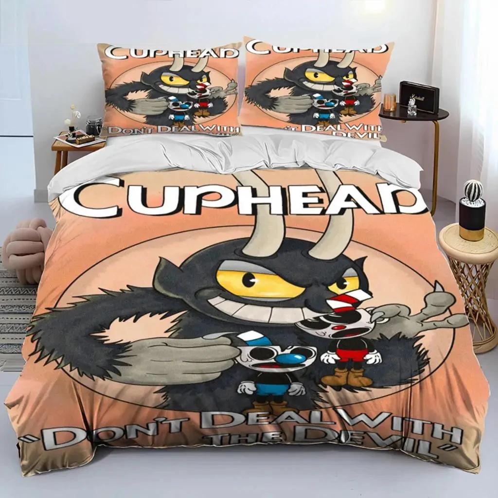 Parure de lit dessin animé Cuphead et Mugman pour garçons et filles, housse de couette double, queen size, taie d'oreiller, lit pour enfants et adultes, textile de maison
