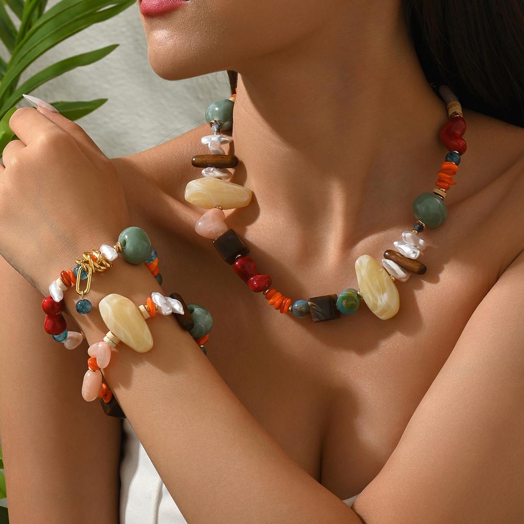 Irregular Colorful Resin Beads Necklace and Bracelet Set Vacation Stages and Music Festivals Fashion Jewelry Hot Sale Party Gift