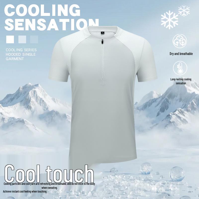 Men's Summer Ice Silk Zipper Sports T-Shirt - Breathable, Solid Color, Stand Collar, Short Sleeve, Casual Business Top