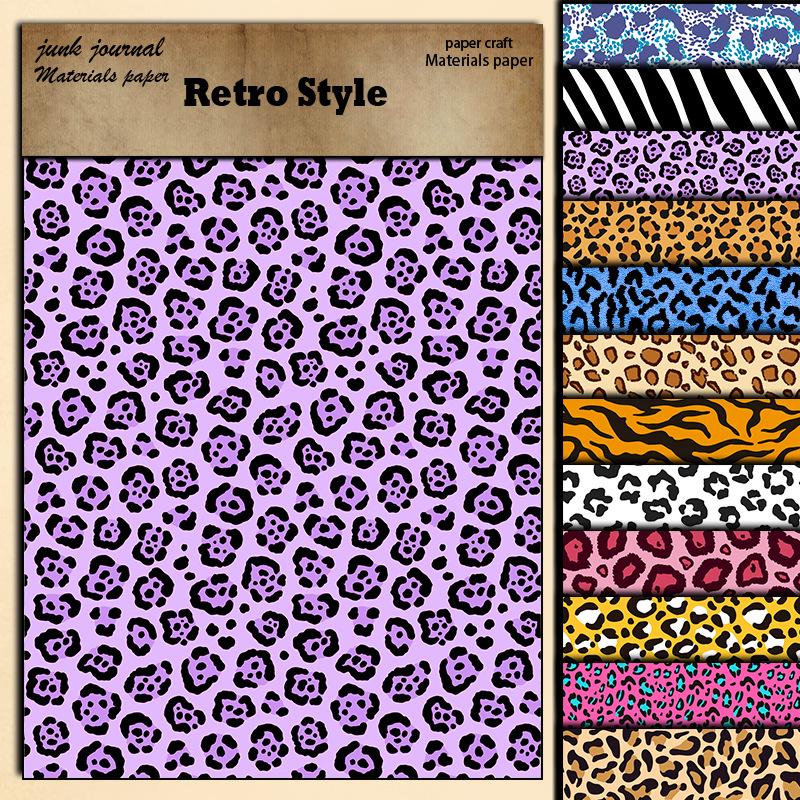 Retro Multi-color Leopard Print Adhesive Paper Sheets, 14x18cm, 12 Double-Sided for Journal Decoration