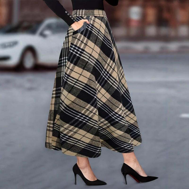 Womens Black White Plaid Wool Blend Midi Skirt With Large Pockets A-Line Office Wear Daily Commute