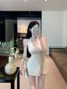 Pure desire sexy neck sling dress female slim fit purple knitted short skirt backless waist a word skirt