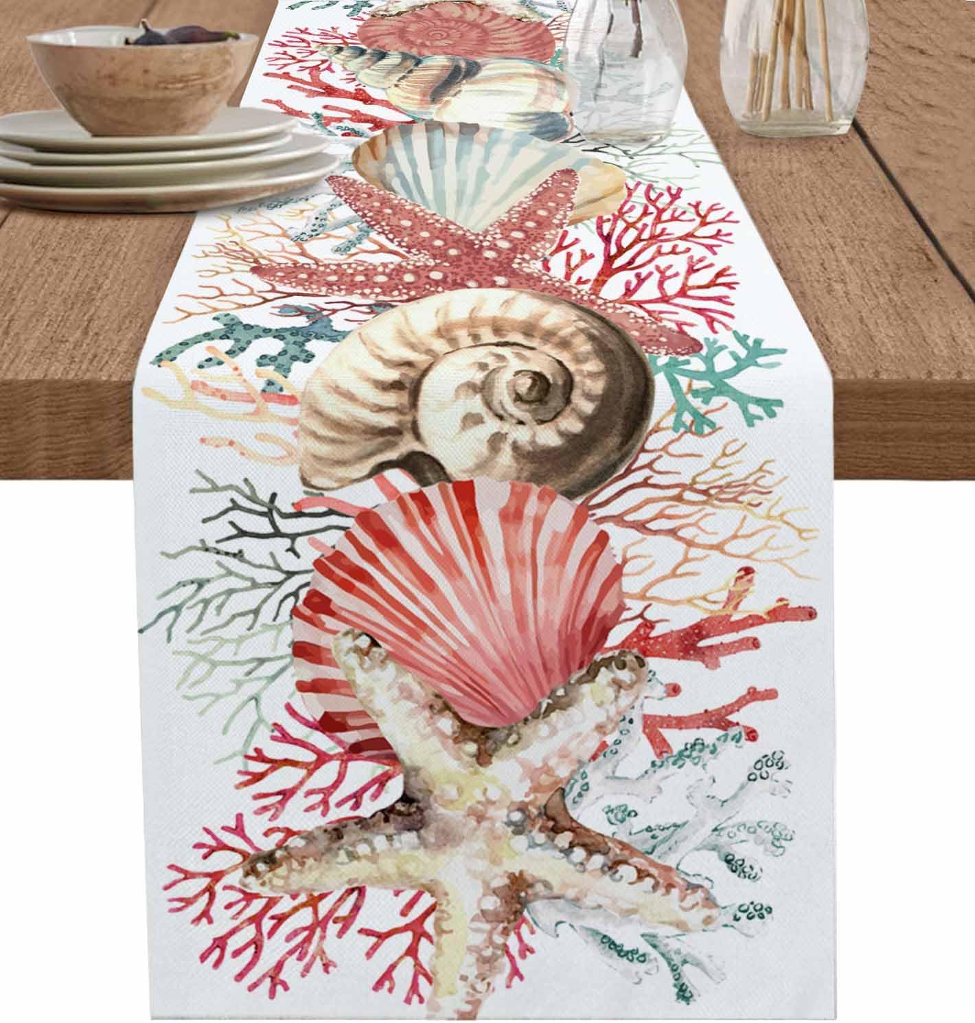 Zomer Oceaan Koraal Schelp Schildpad Linnen Tafelkleden Huisdecoraties Seizoensgebonden Zee Print Keuken Eettafelkleden Feestdecor 150x33cm