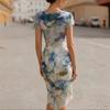 Damen Midi-Kleid mit Schalkragen, kurzen Ärmeln, Aquarell-Print, schmaler Passform, hoher Taille und Raffung, formelles Partykleid