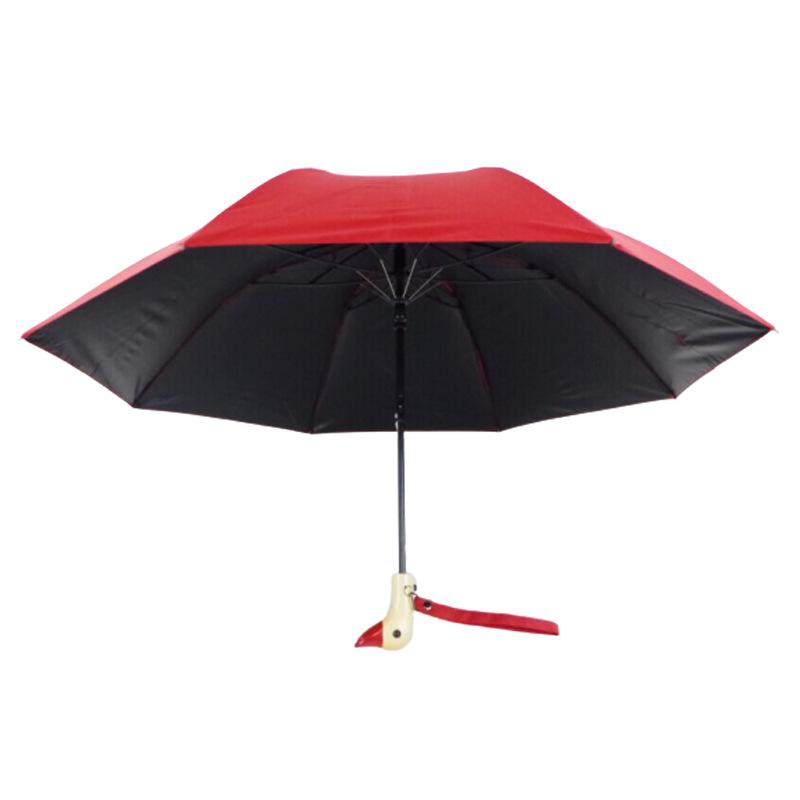 Cute Three-Fold Duck Head Umbrella: Cartoon Design, Wooden Handle, Solid Color for Rain or Shine.