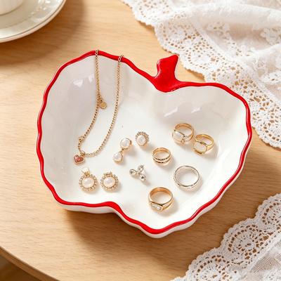 Ceramic Jewelry Dish for Women Small Fruit Shaped Trinket Tray with Ruffle Trim Desktop Key Ring Necklace Holder Organizer for Home Bedroom