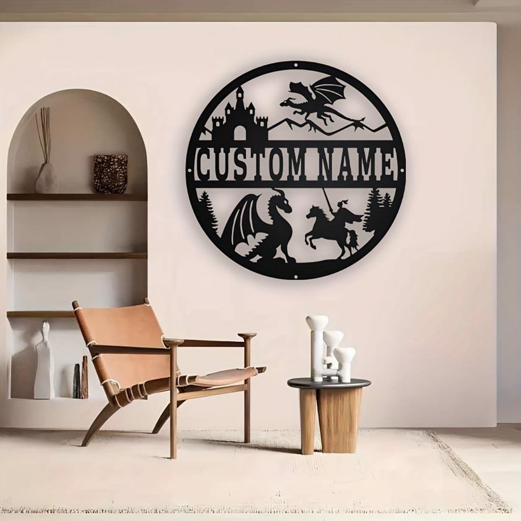 Personalized Fantasy Knight Dragon Metal Wall Art Custom Name Round Sign Deco Hot Sale Home Garden Kitchen