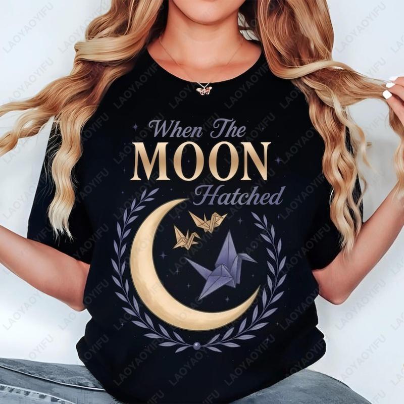 When The Moon Hatched Romantasy Dragon Bookish Cotton TShirt Dreamy Lunar Origami Crane Tee Magical Celestial Printed Woman Tops S