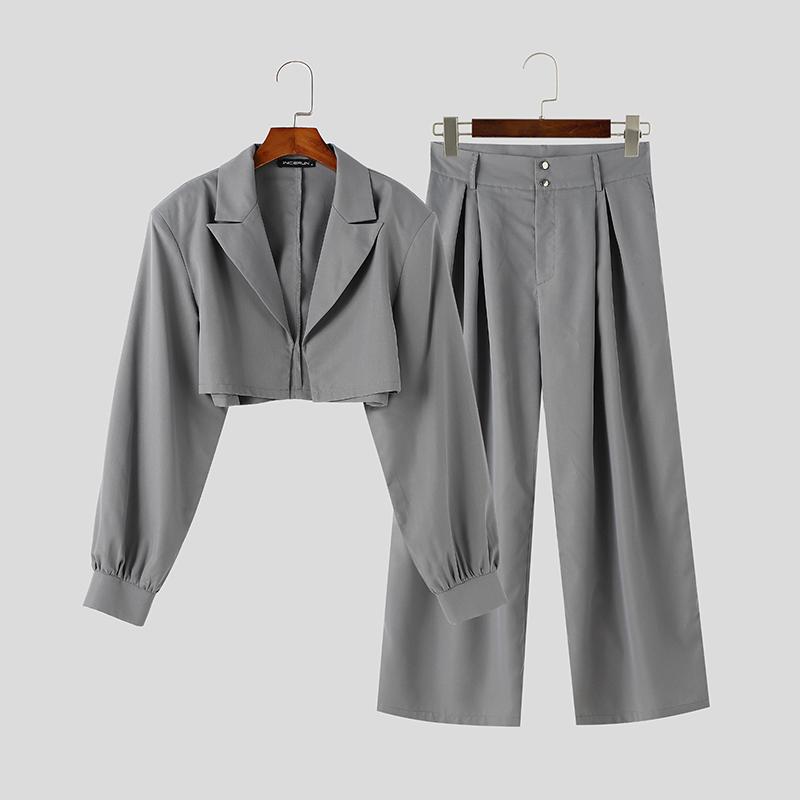 

INCERUN Мужские комплекты из двух предметов: укороченные топы с длинными рукавами, застегивающиеся на молнию, с высокой талией, длинные прямые брюки 5XL серый