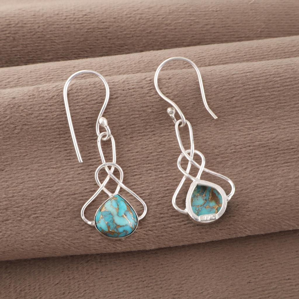Blue Copper Turquoise Handmade Gemstone Earrings, 925 Sterling Silver Earrings Dainty Silver Jewelry, For Engagement Gift