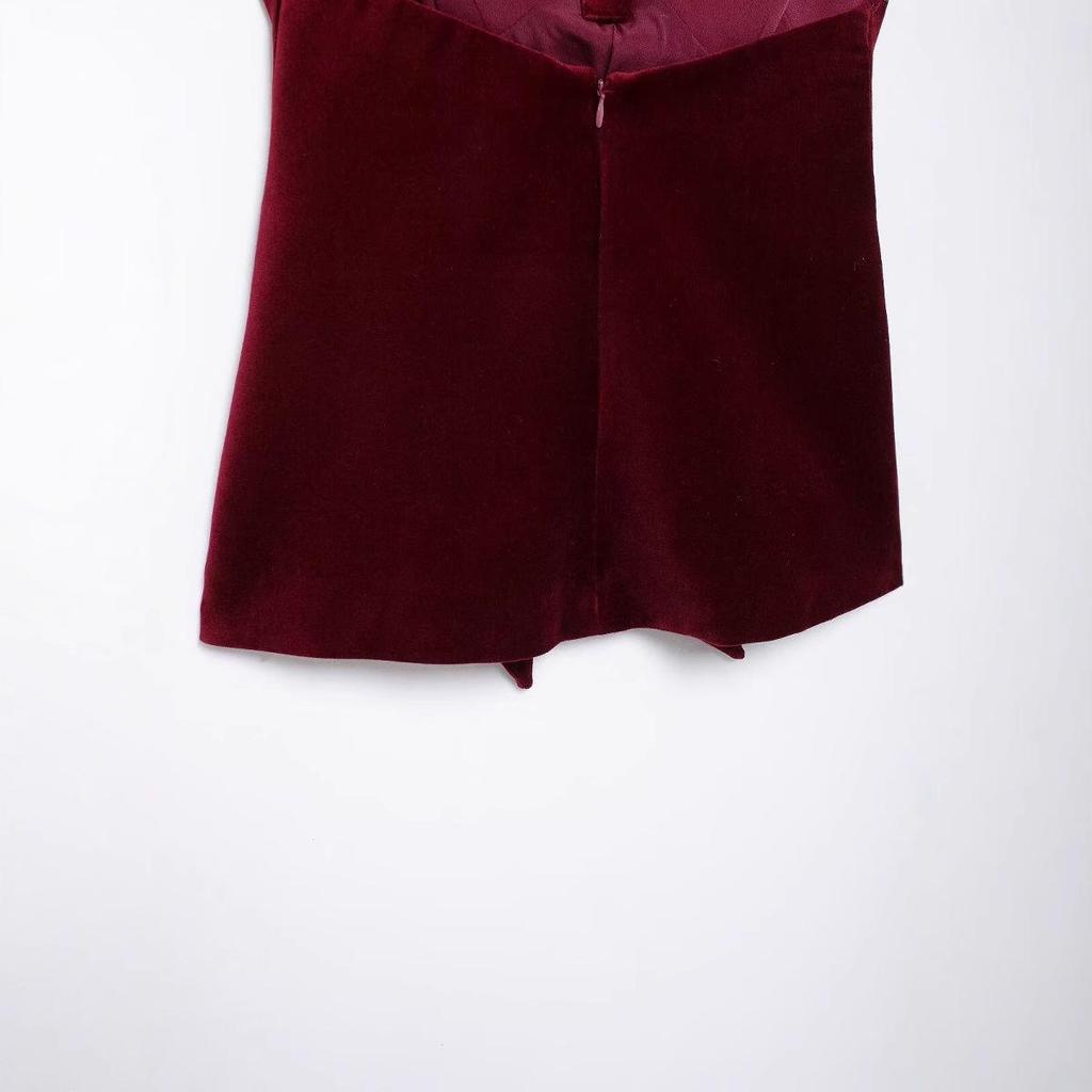 2024 Burgundy Velvet Sleeveless Top with Bow - European and American Winter Fashion Women's Clothing