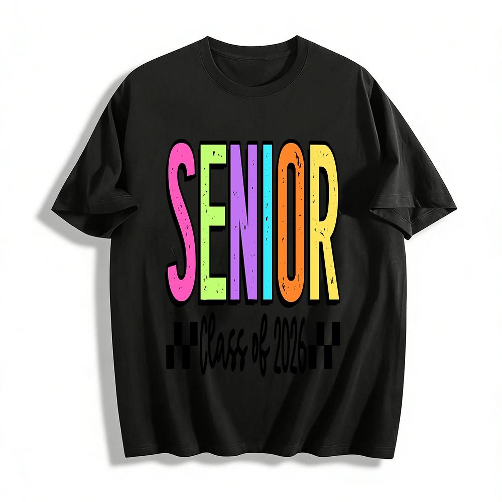 Class of 2026 Senior Print Tee Retro Colorful Graduation Top for Students Pure cotton T-shirt XXS