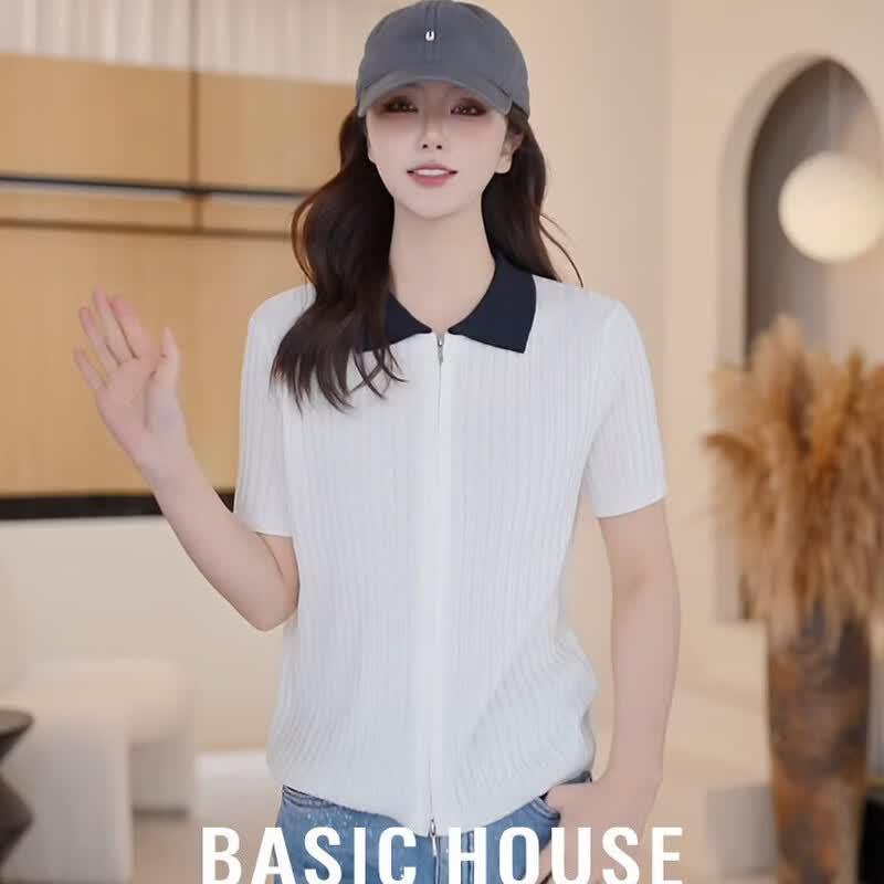 Basic House Women s Color-block Polo Knit Short Sleeve Top L