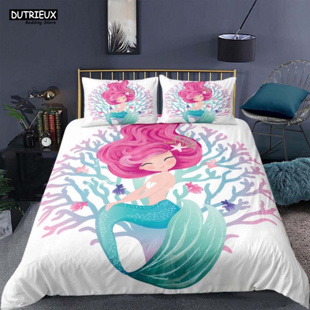 

Comforter Cartoon Blue Mermaid Beautiful Girl With Unicorn Bed Single Double Queen King Twin Size Bedding Set For Kids Comforter (quilt)-EU Single(135*200cm)3pcs