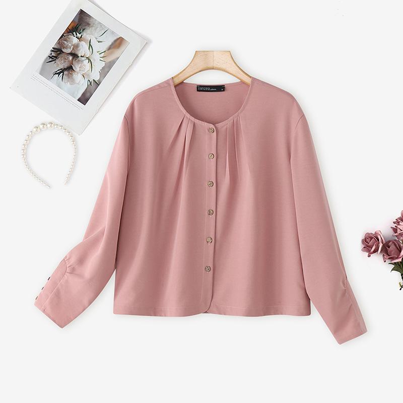ZANZEA Blusa Casual da Donna a Girocollo a Maniche Lunghe e Ampia a Tinta Unita