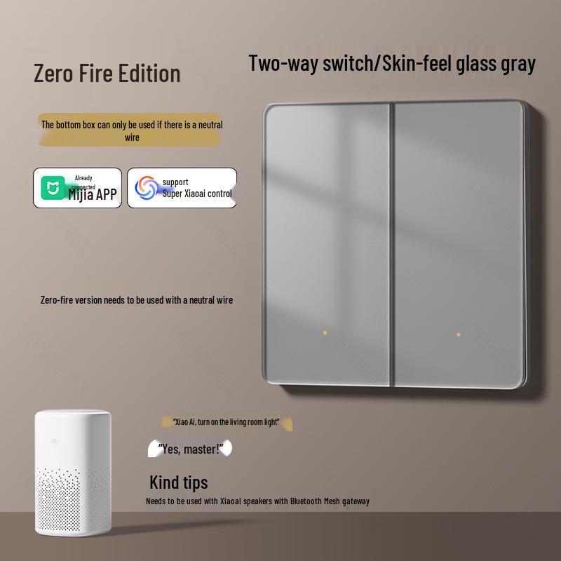 Gray Tempered Glass Smart Switch with Mijia APP Connectivity, Smart Speaker Voice Activation, Zero-Fire Support.