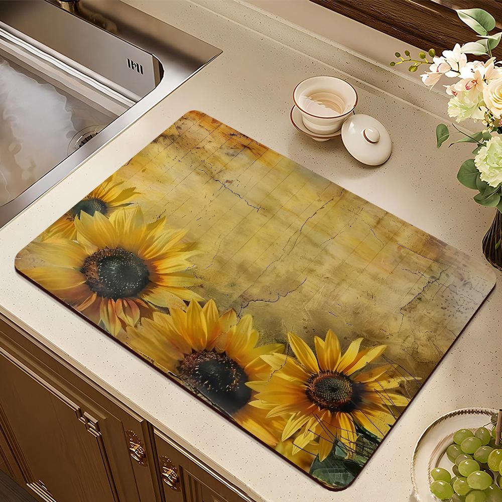 Yellow Sunflower Retro Draining Pad Drying Mat For Kitchen Bar Coffee Dishes Rubber Quick Drying Water Absorbent Anti-slip Mat