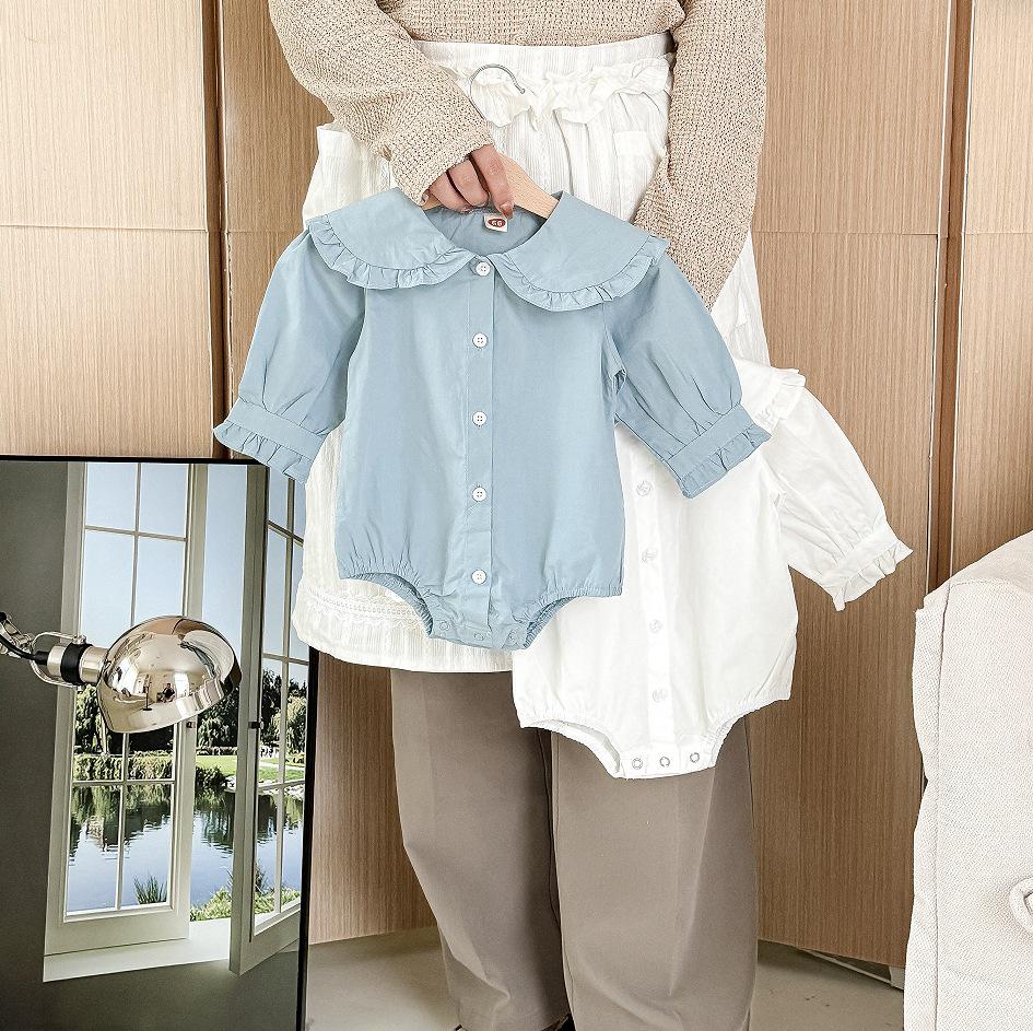 Korean Style Baby Girl Long Sleeve Lace Collar Footed Bodysuit Jumpsuit Romper