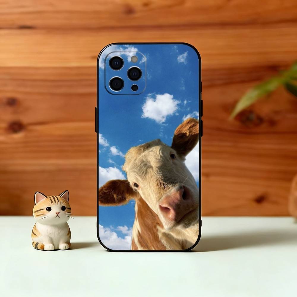 Cute Cattle Phone Case For iPhone 17,16,15,14,13,12,11 Plus,Pro Max,XS,Soft Silicone Black Cover