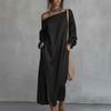 Women's One Shoulder Long Sleeve Maxi Dress, Casual Cotton Linen Long Tunic Dress, Side Slit Summer Loose Dress with Pockets