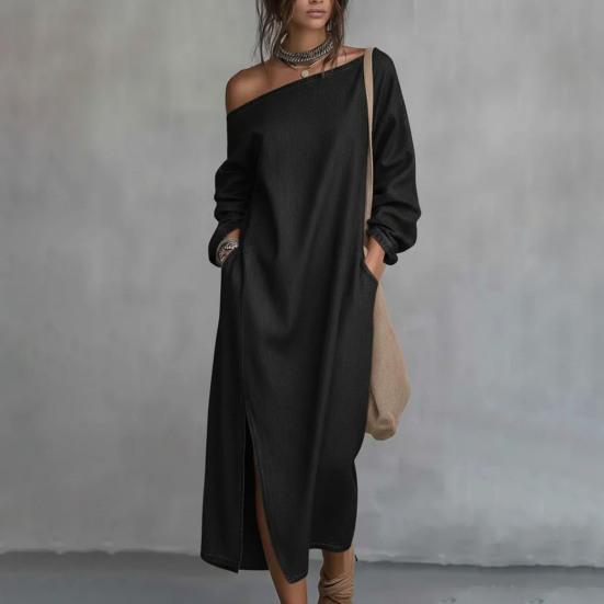 Women's One Shoulder Long Sleeve Maxi Dress, Casual Cotton Linen Long Tunic Dress, Side Slit Summer Loose Dress with Pockets