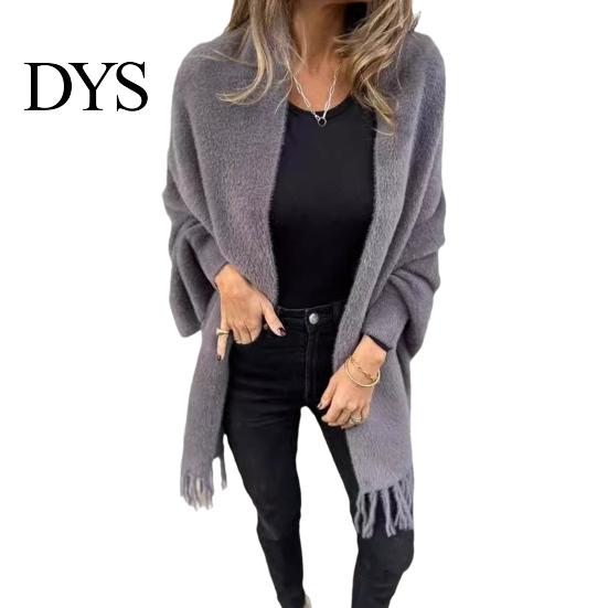 Women Shawl Jacket Winter Fall Thick Fleece Fringe Tassel Hem Long Bat Sleeves Open Stitch Cardigan Knitted Fuzzy Mid Length Coat Outdoor Daily