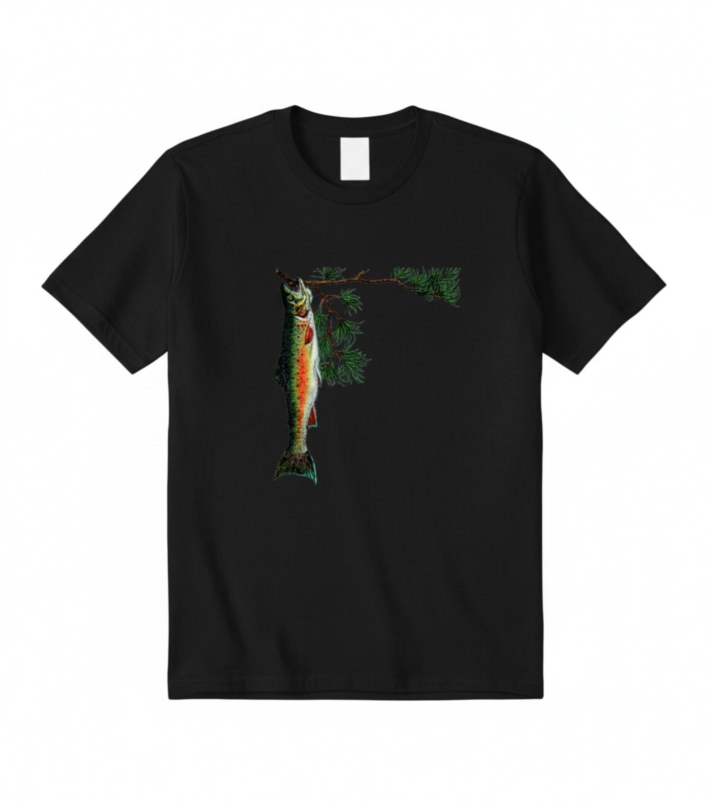 Trout Fishing T-Shirt Forest Nature Angler Fly Fishing Outdoor Graphic Tee L