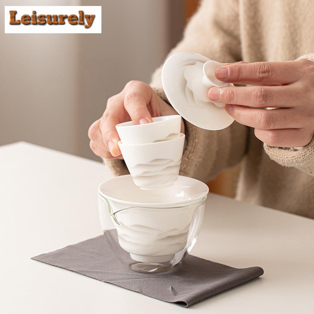 Sheep Fat Jade Porcelain Ink Distant Mountains Tea Set Kit Retro 1 Pot 2 Cups Tea Maker Portable Tote Bag Teaware Accessories