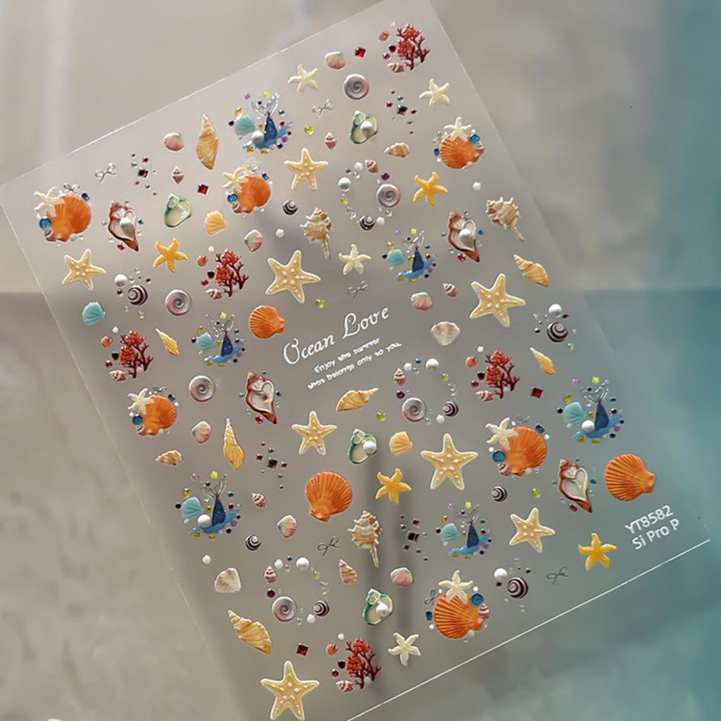 5D Ocean Nail Sticker Vacation Starfish Shell Coral Pearl Self-adhesive Nail Art Decal Fresh Seaside Vibe Manicure