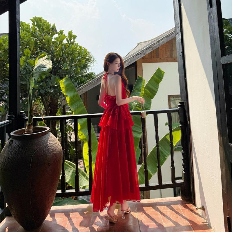 Halter red ruffle edge neck dress seaside vacation dress