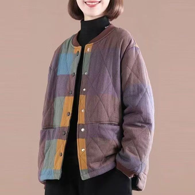 Women's Retro Korean Style Slim-Fitting Loose Cotton Coat Plus Size Casual Patchwork Plaid Short Padded Jacket