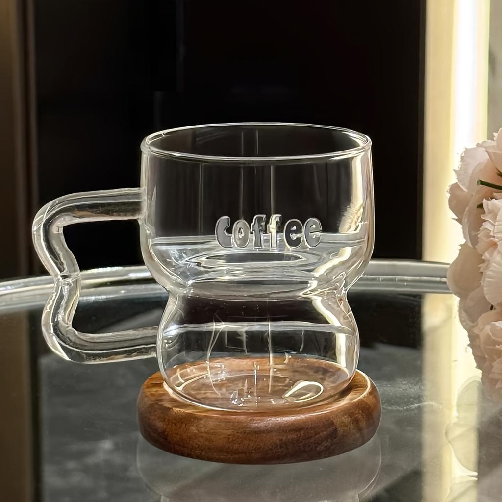 Hand Wash Only Glass Coffee Mug with Wooden Base, Reusable Multipurpose Office Glass Drinking Cup,High Aesthetic Value,with Hand Wash Only Wooden Base