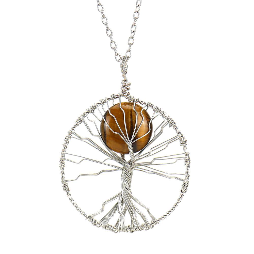 Hand-Wrapped Natural Crystal Agate Disc Tree Of Life Pendant Necklace N116