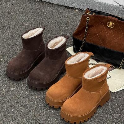 Verdickte und Samt-Schneestiefel Damen Neue Winter Leder Echte Wolle Baumwollschuhe, Samt Warm Dicksohlig Rutschfest Kurze Stiefel