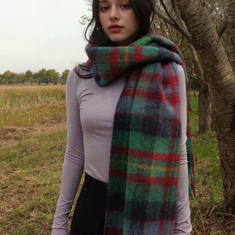PREMIERE AMOUR Cozy Check Wool Muffler - Green