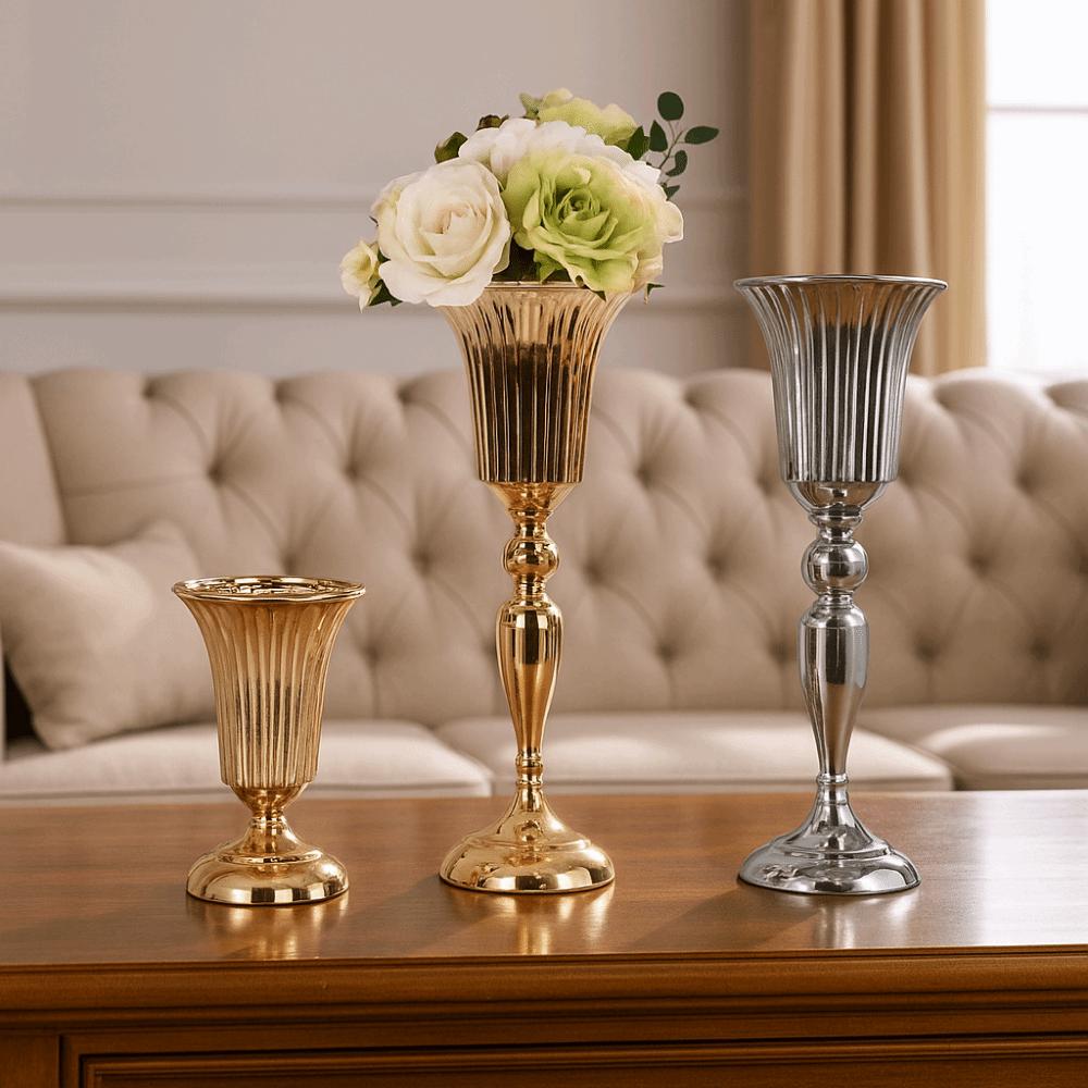European Style Wedding Flower Vase Golden Dried Flower Pot Metal Trumpet Vases  Living Room