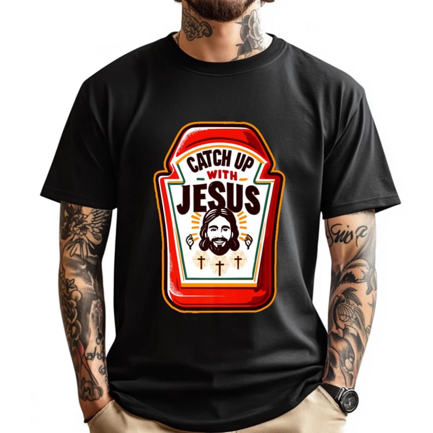 Catch Up With Jesus Ketchup With Jesus Christian Mens Clothing Plus Size Christmas Shirt Printed Graphic Tees S чёрный