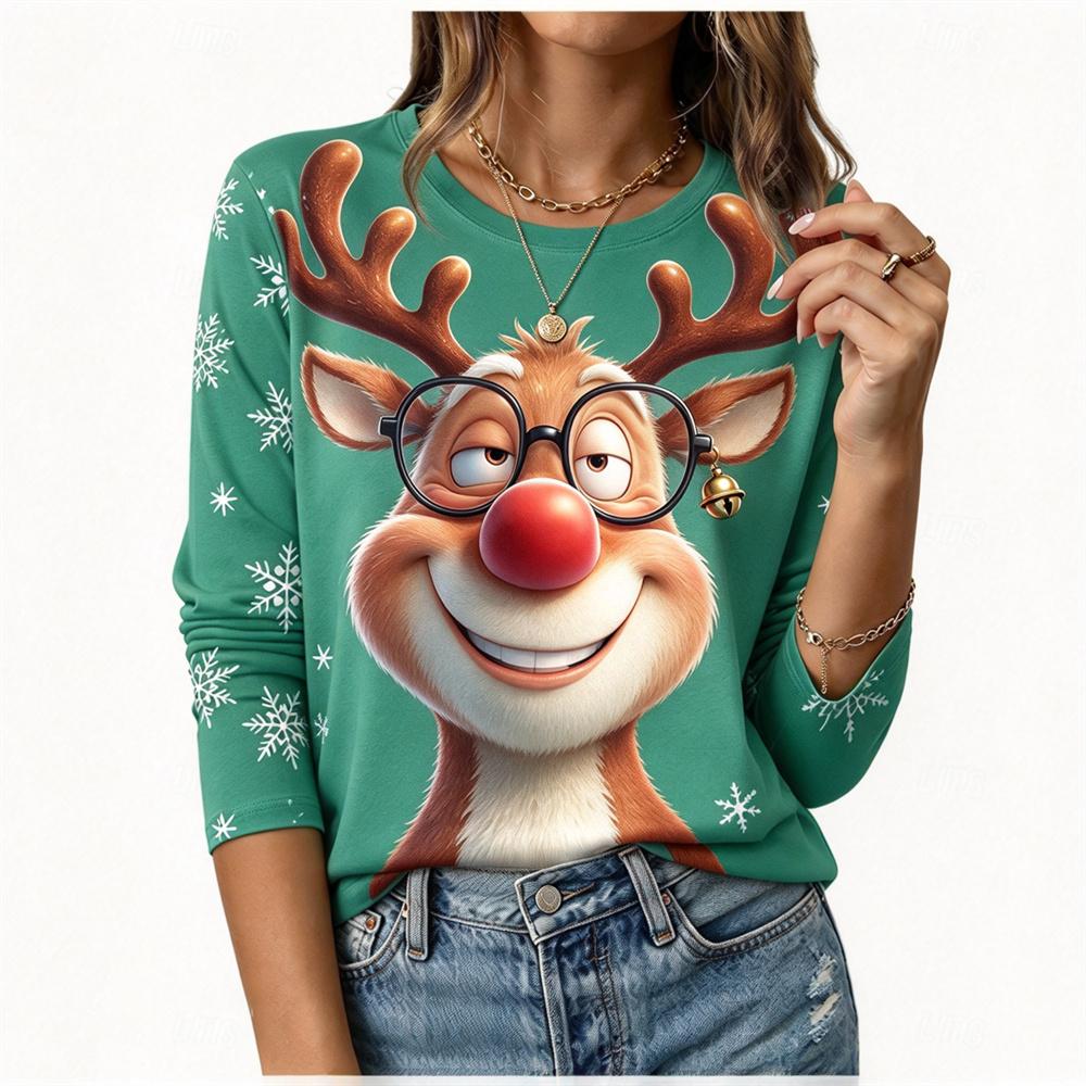 Funny Elk T-shirt Autumn/Winter Women's Christmas Long sleeved T-shirt Cotton Women Christmas Holiday Party Graphic T-shirt Tops