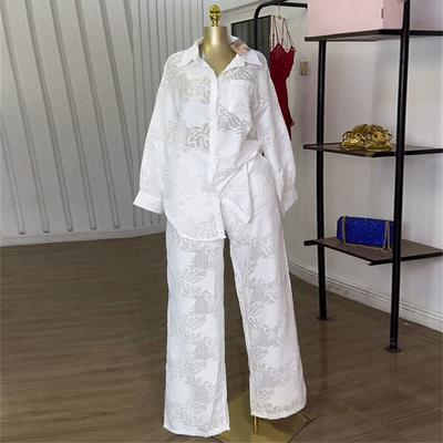 Women's Summer Sweet and Fresh Set: Collared Long-sleeved Shirt with Patch Pockets + High-waisted Straight-leg Pants Two-piece Set