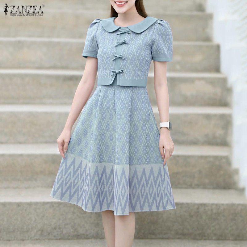 ZANZEA Women Summer Doll Collar Casual Short Sleeve Print Dress