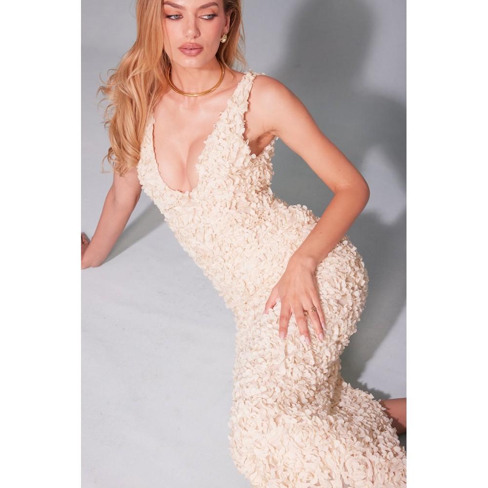 Elegant 3d Flower Halter Long Dress Women Slim Sleeveless Backless Pleated Holiday Dresses 2024 Summer Lady Solid Cotton Robes