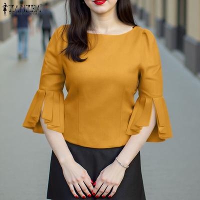 Dame Casual Rund Hals Løs 3/4 Erme Ensfarget Bluse