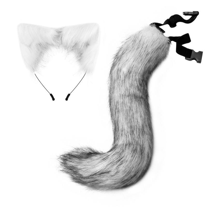 Faux Fur Fox Tail Costume Accessory With Cat Ear Headband Halloween Cosplay Party