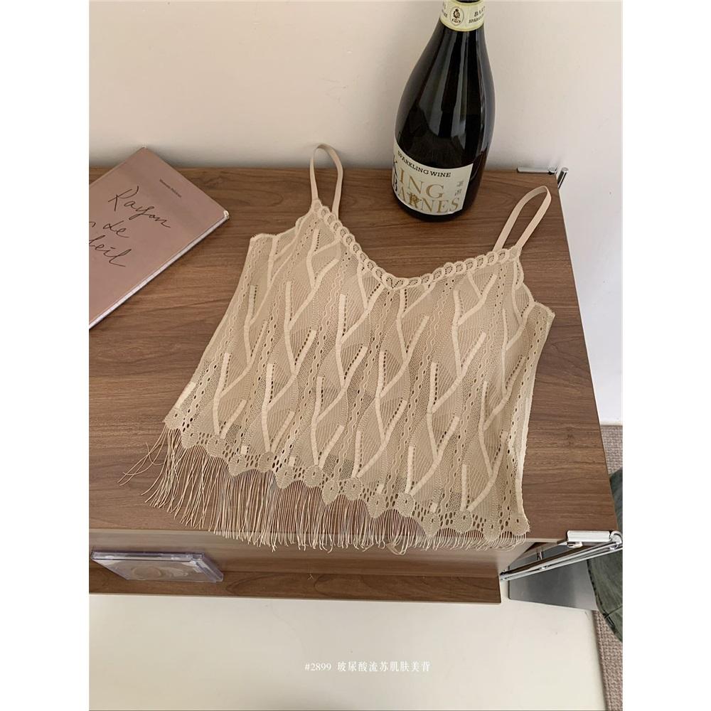 Women s French Lace Tassel Bralette – One Size Padded Backless Camisole Tank Top One size