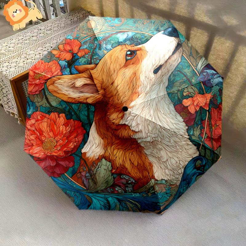 0106 Floral Dog  pattern, automatic folding umbrella, portable and foldable design, 8 ribs, a Christmas or birthday gift.