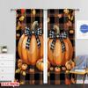 Set Of 2 Flat Printing Festive Autumn Thanksgiving Scene Curtains Fall Pumpkins Plaid Bow Maple Leaves Polyester Without Curtain