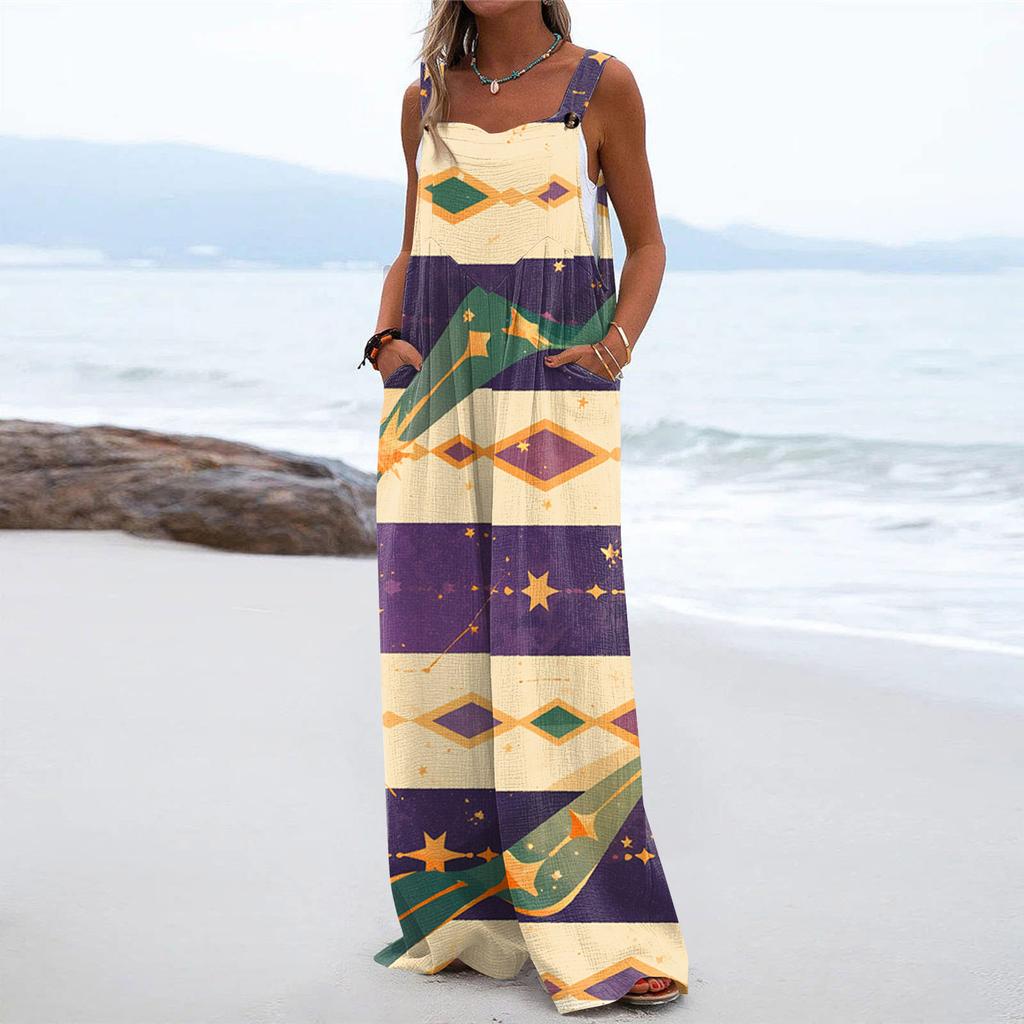 Wide Leg Overalls For Women Casual Loose Sleeveless Print Button Long Pant Romper Jumpsuit With Pockets