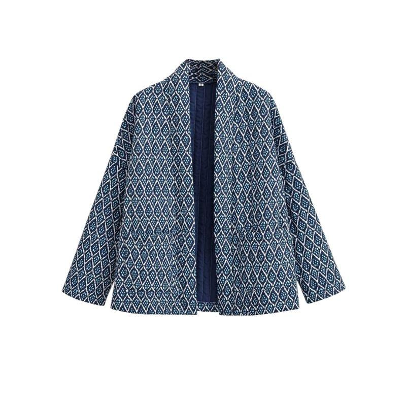 Kaslead Fashion Style Blue Rhombus Prints Cotton Coat