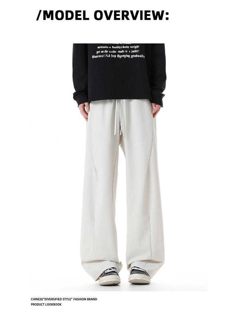 Men's Casual Drawstring Knit Straight-Leg Sweatpants, Hong Kong Style - Loose, Wide-Leg, Floor-Length for Spring and Autumn