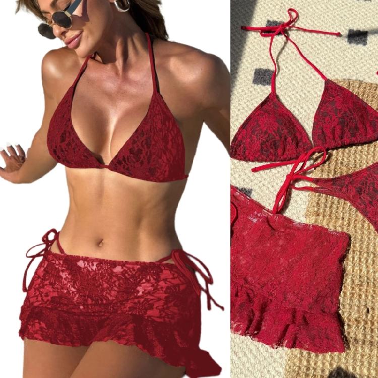 Stylish 3pcs Set Swimsuit Adjustable Tankini Top High Waist Swim Skirt N-neck Bra & Underwear Thong for Women Lady
